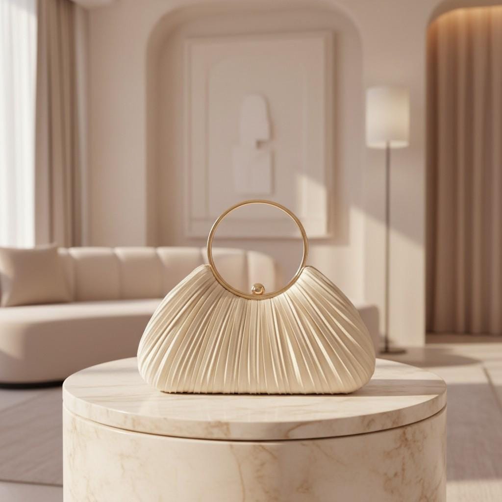 Ivory Pleated Clutch Bag, Ring Handle Evening Purse, Satin Shell Bag, Elegant Wedding Guest Handbag, Bridal Party Purse