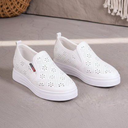White Floral Wedge Sneakers, Women's Slip On Platform Shoes