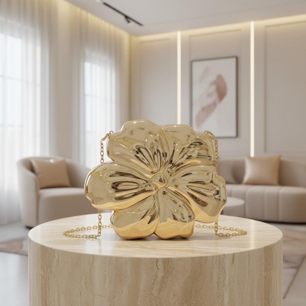 Gold Flower Clutch Bag, Metallic Statement Purse, 3D Floral Evening Bag, Chain Shoulder Bag