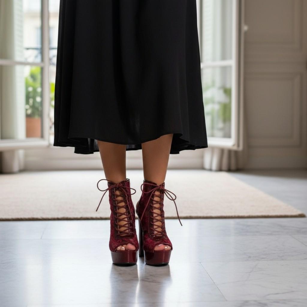 Burgundy Floral Lace Peep Toe Booties, Lace Up Platform Heels, Wine Red Stiletto Ankle Shoes