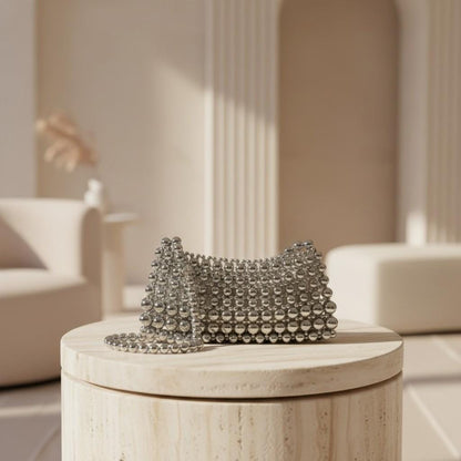 Silver Beaded Shoulder Bag, Y2K Metallic Purse, Beaded Mini Handbag, Party Evening Bag, Statement Purse