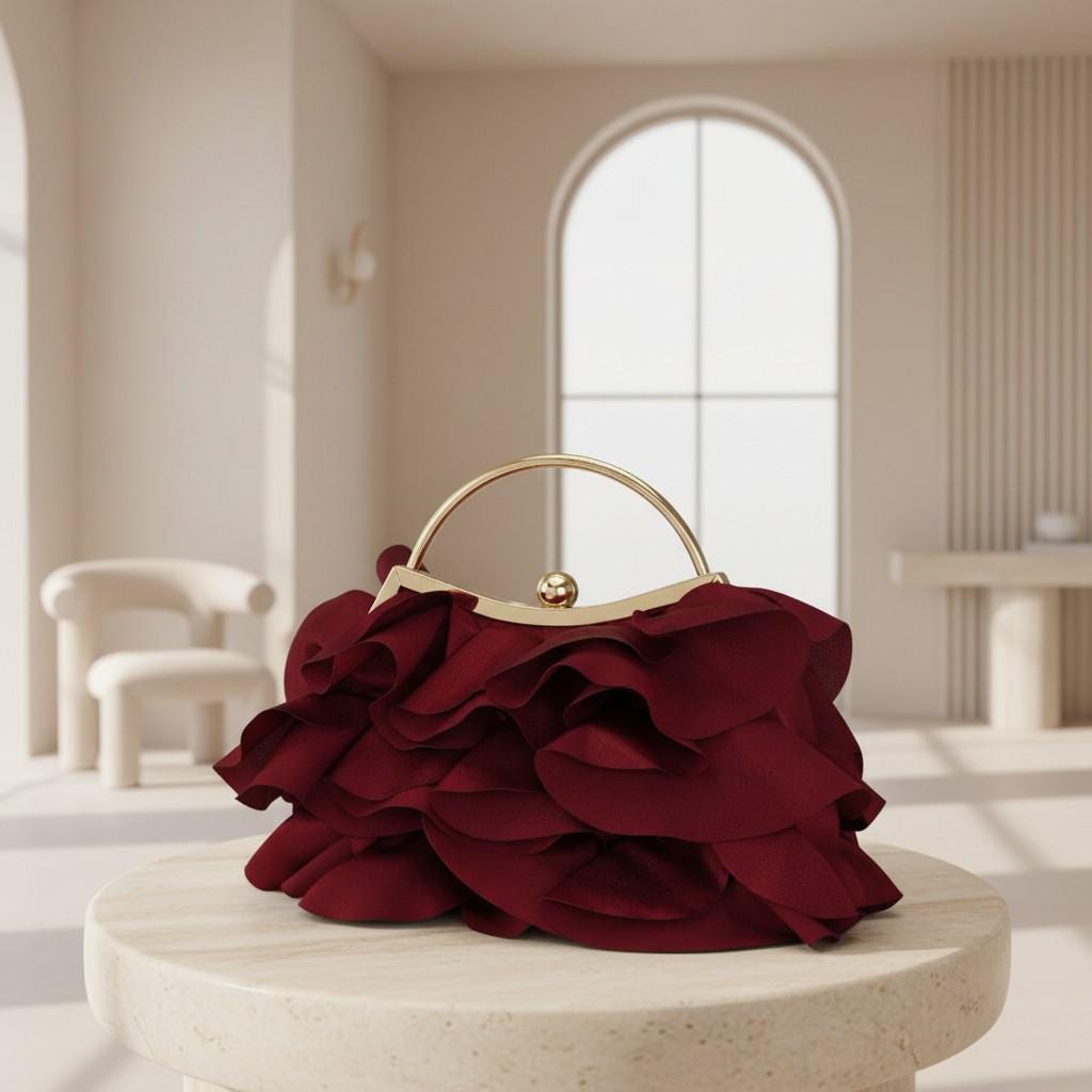 Burgundy Ruffle Clutch, Floral Evening Bag, Top Handle Handbag, Wine Red Statement Purse, Elegant Party Bag