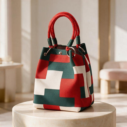 Geometric Woven Bag, Color Block Bucket Bag, Red Green Handbag, Woven Shoulder Purse, Colorful Summer Bag