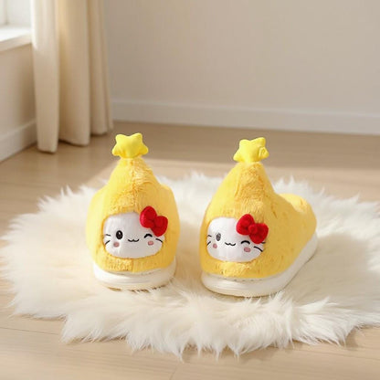 Yellow Cat Slippers, Fuzzy Plush House Shoes, Cute Bow Indoor Slippers