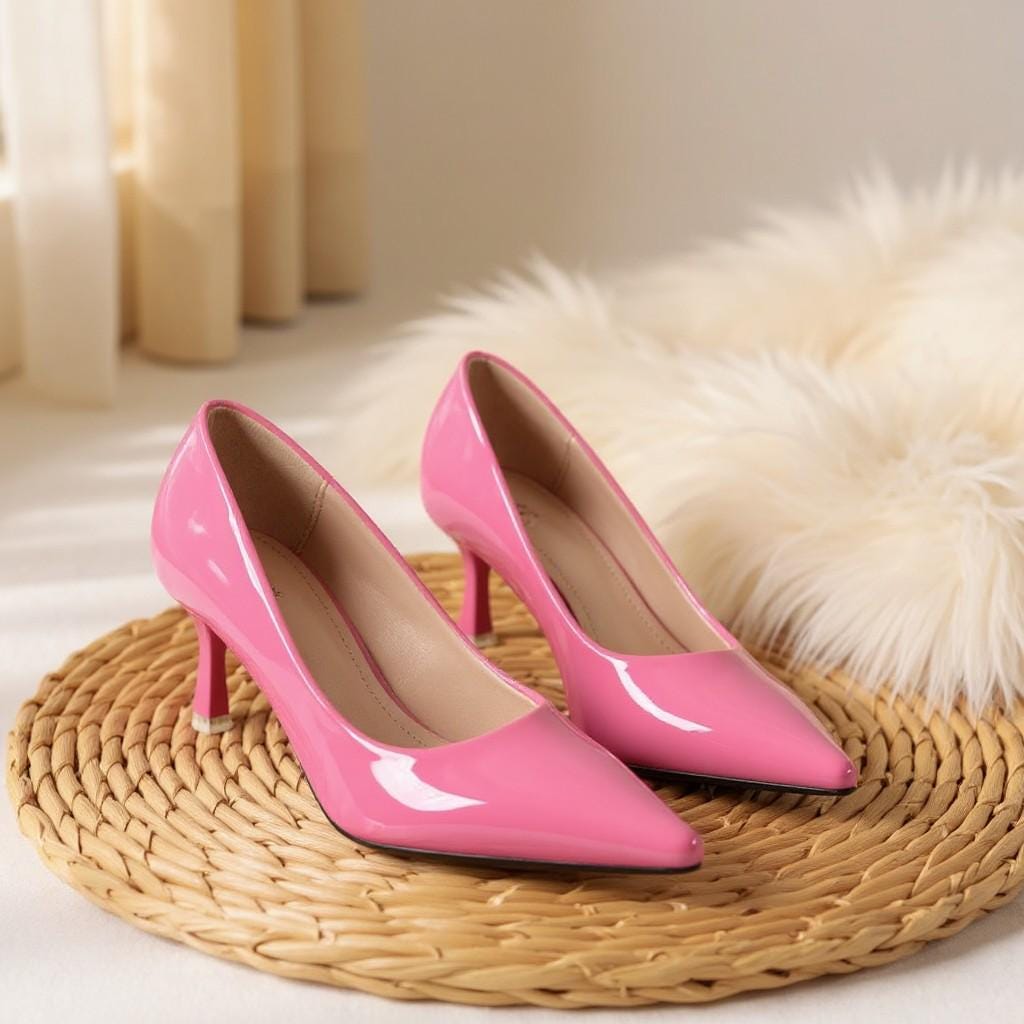 Hot Pink Patent Heels, Pointed Toe Stiletto Pumps, Glossy Pink Dress Shoes