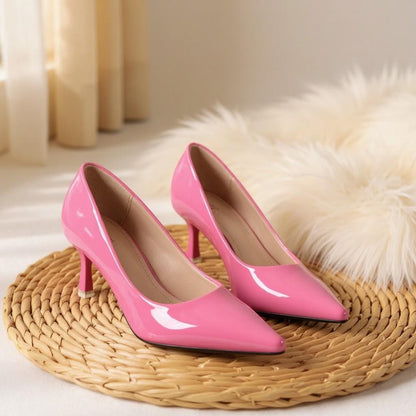 Hot Pink Patent Heels, Pointed Toe Stiletto Pumps, Glossy Pink Dress Shoes