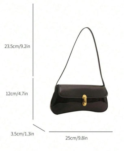 Black Glossy Shoulder Bag, Baguette Purse, Gold Clasp Handbag, Y2K Underarm Bag, Minimalist Everyday Purse
