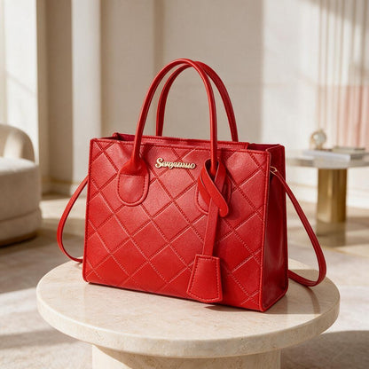 Red Quilted Tote Bag, Diamond Stitch Handbag, Structured Shoulder Bag, Red Purse, Everyday Carryall, Elegant Women’s Handbag