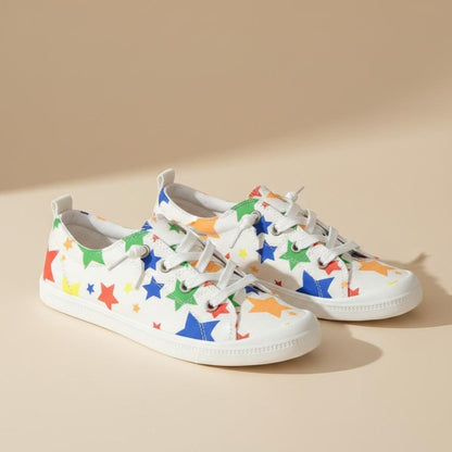 Colorful Star Print Sneakers for Women, White Low Top Shoes, Retro Lace Up Footwear