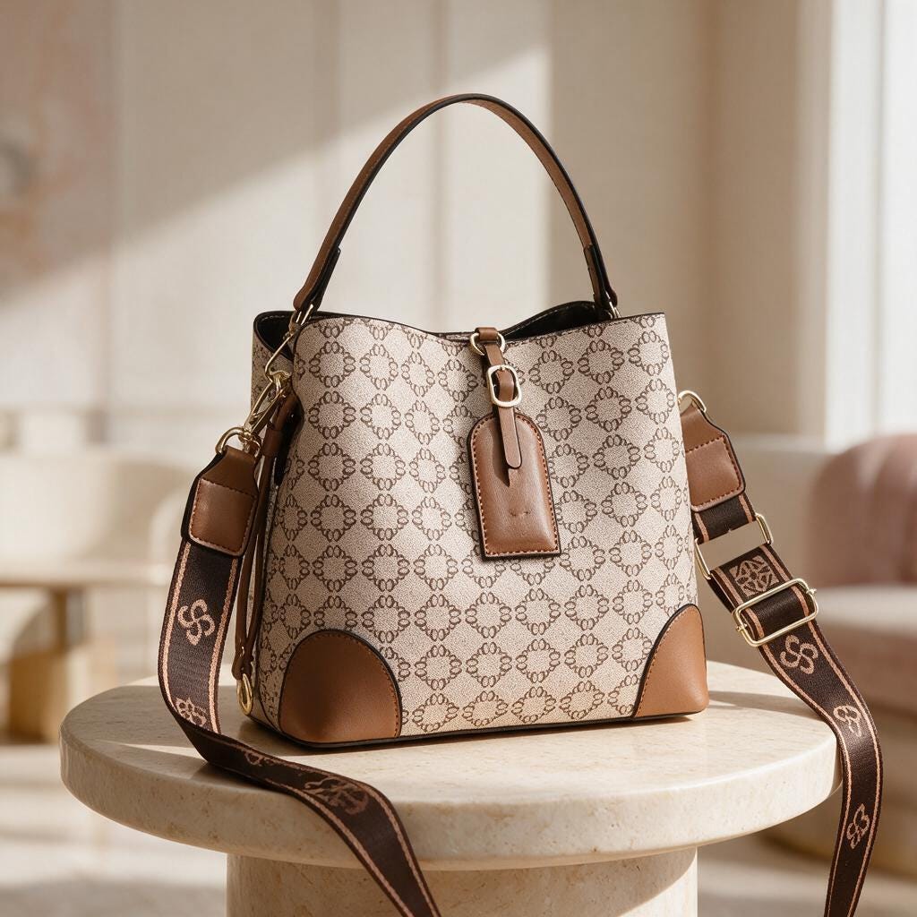 Beige Bucket Bag, Brown Shoulder Bag, Women's Crossbody Purse, Patterned Everyday Handbag, Adjustable Strap
