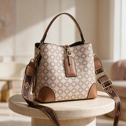 Beige Bucket Bag, Brown Shoulder Bag, Women's Crossbody Purse, Patterned Everyday Handbag, Adjustable Strap