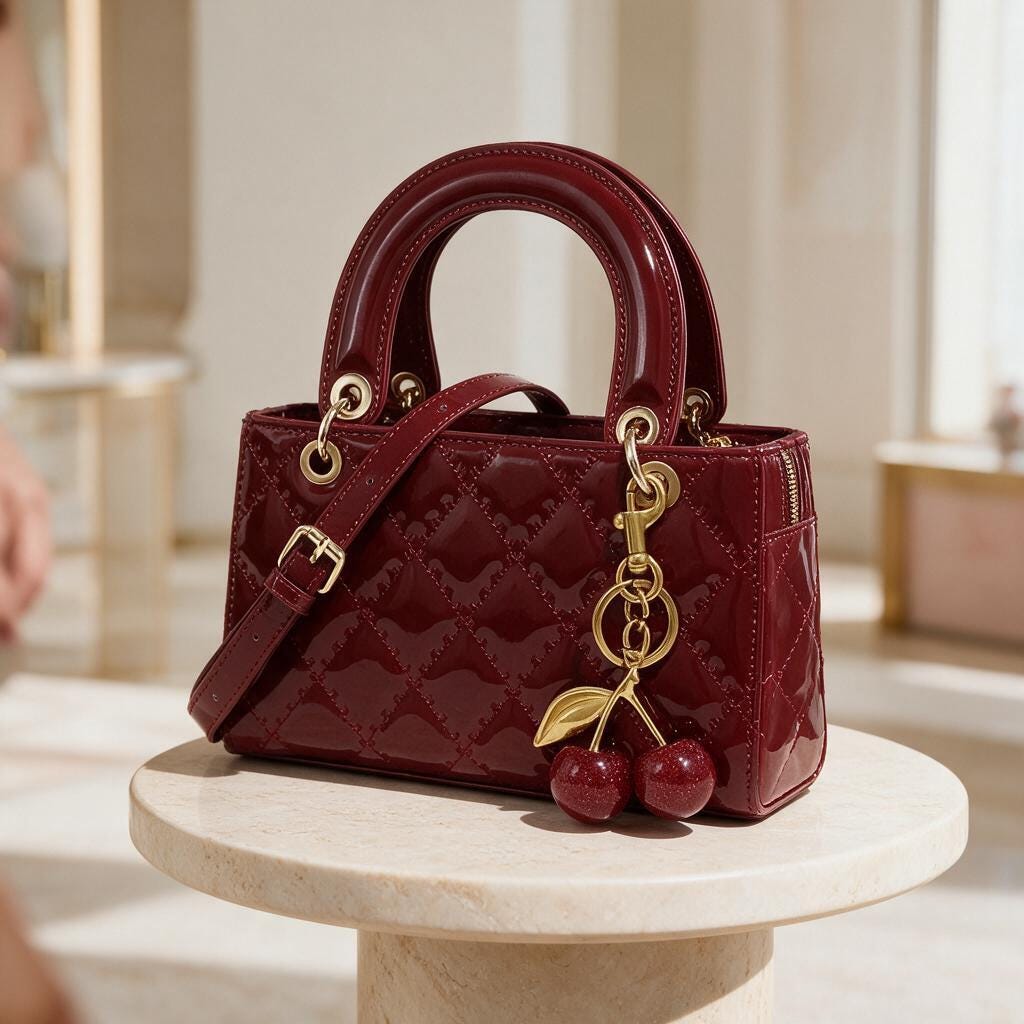 Burgundy Patent Handbag, Quilted Top Handle Purse, Cherry Charm Crossbody Bag, Red Shoulder Bag, Elegant Women’s Handbag