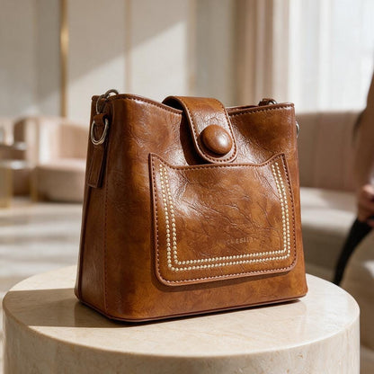 Brown Shoulder Handbag, Structured Purse with Front Pocket, Vintage Inspired Bag, Boho Crossbody Purse, Everyday Womens Bag