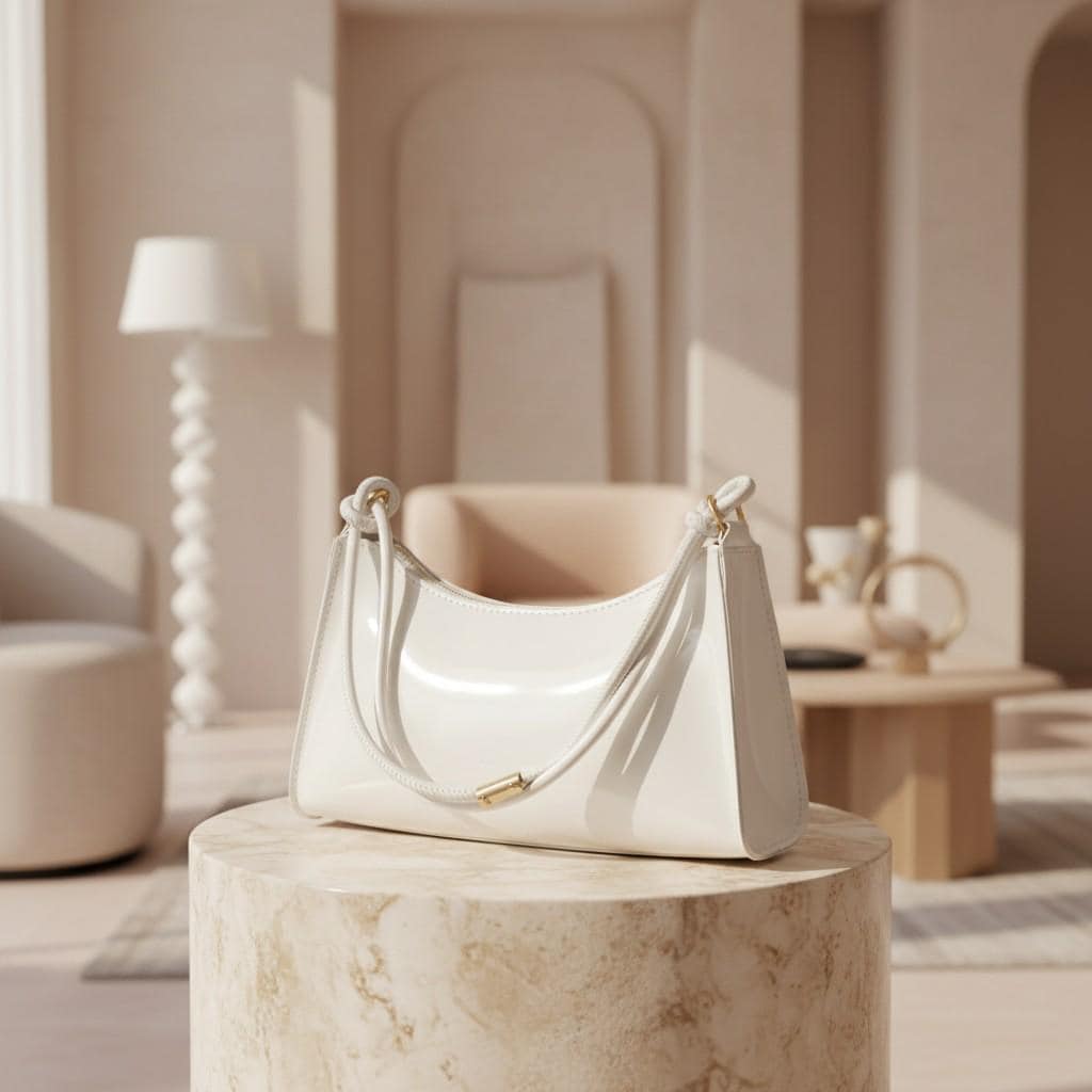 White Baguette Shoulder Bag, Glossy White Purse, Minimalist Y2K Handbag, Curved Underarm Bag, Women's Trendy Bag