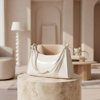 White Baguette Shoulder Bag, Glossy White Purse, Minimalist Y2K Handbag, Curved Underarm Bag, Women's Trendy Bag