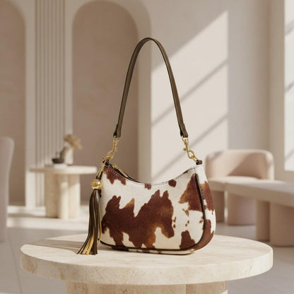 Cow Print Shoulder Bag, Brown Cow Pattern Purse, Y2K Hobo Bag, Western Handbag, Tassel Shoulder Bag