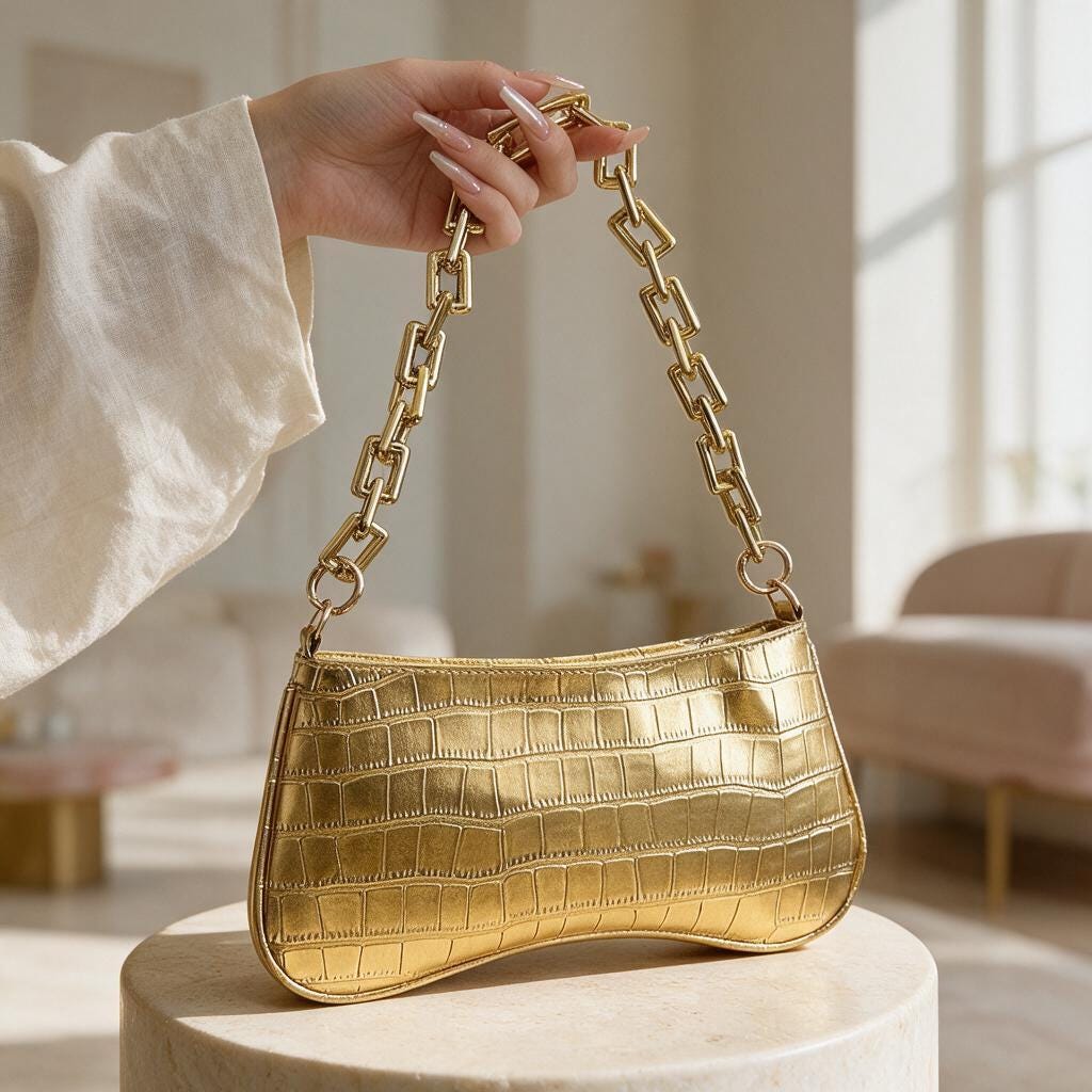 Gold Crocodile Embossed Shoulder Bag, Y2K Baguette Purse, Metallic Chain Bag, Mini Underarm Handbag, Glam Evening Purse