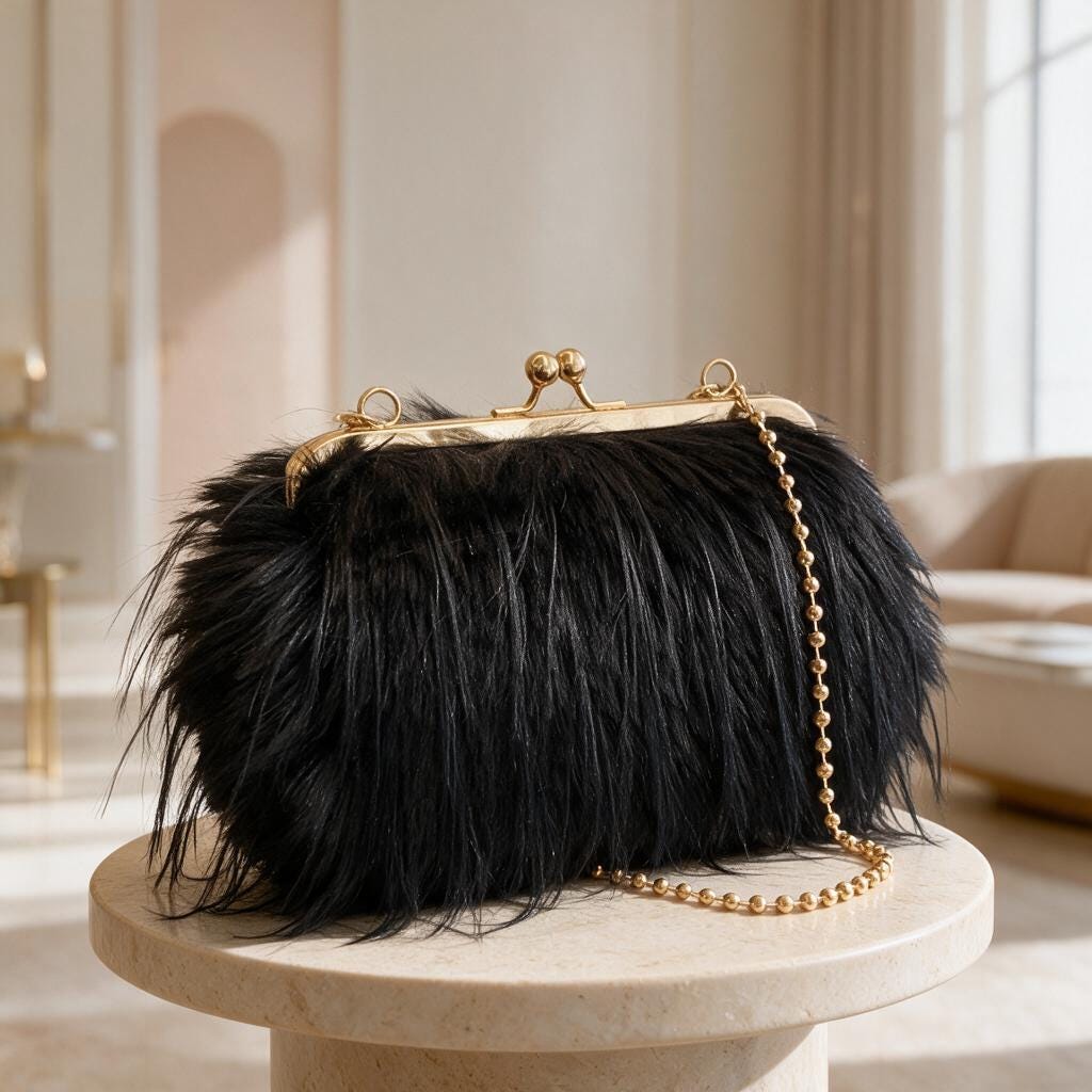 Black Shaggy Clutch Bag, Furry Evening Purse, Vintage Frame Handbag, Gold Chain Shoulder Bag, Statement Party Purse