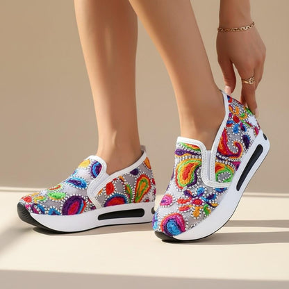 Colorful Paisley Sneakers, Women's Platform Slip On Shoes, Boho Wedge Sneakers