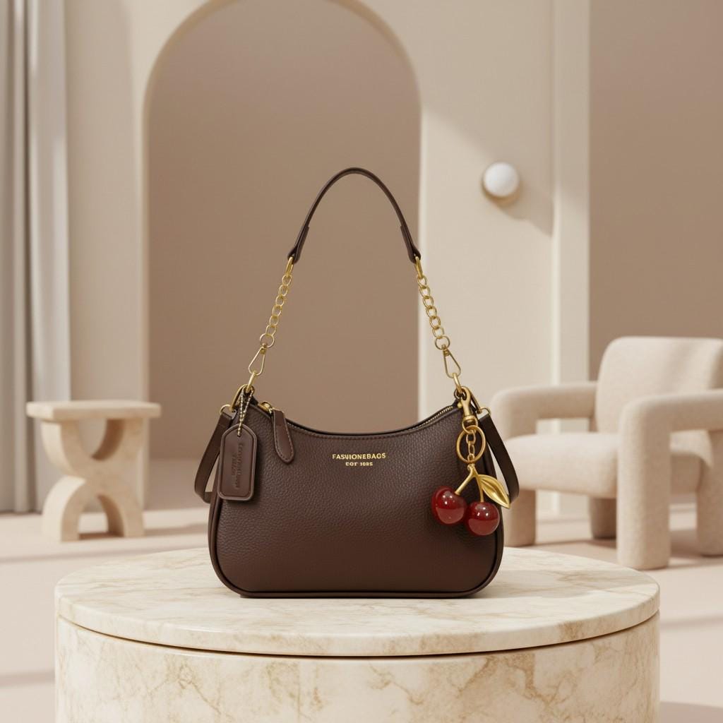 Brown Cherry Shoulder Bag, Chocolate Baguette Purse, Cherry Charm Handbag, Gold Chain Bag, Y2K Brown Purse, Cute Vintage Bag