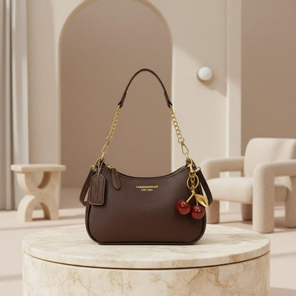 Brown Cherry Shoulder Bag, Chocolate Baguette Purse, Cherry Charm Handbag, Gold Chain Bag, Y2K Brown Purse, Cute Vintage Bag