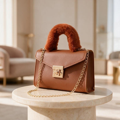 Brown Top Handle Bag, Faux Fur Handle Handbag, Cognac Shoulder Bag, Structured Purse, Chain Strap Handbag, Elegant Bag