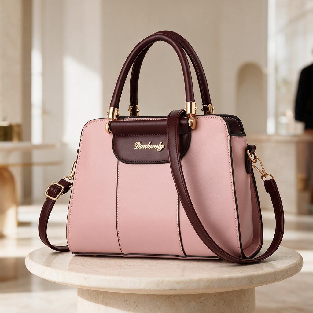 Pink Satchel Bag, Two Tone Structured Handbag, Burgundy Trim Purse, Top Handle Shoulder Bag, Pink Crossbody Bag for Women