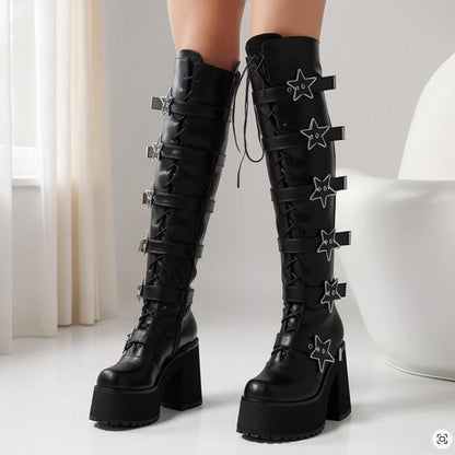 Black Star Buckle Platform Boots, Knee High Gothic Lace Up Boots, Chunky Y2K Punk Boots