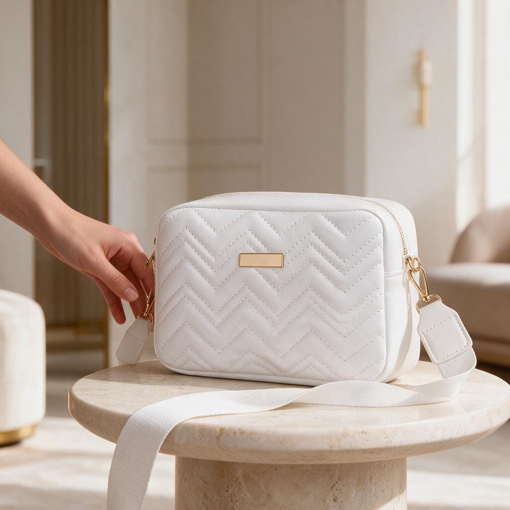 White Quilted Crossbody Bag, Chevron Shoulder Purse, White Handbag, Zigzag Quilted Bag, Adjustable Strap Crossbody