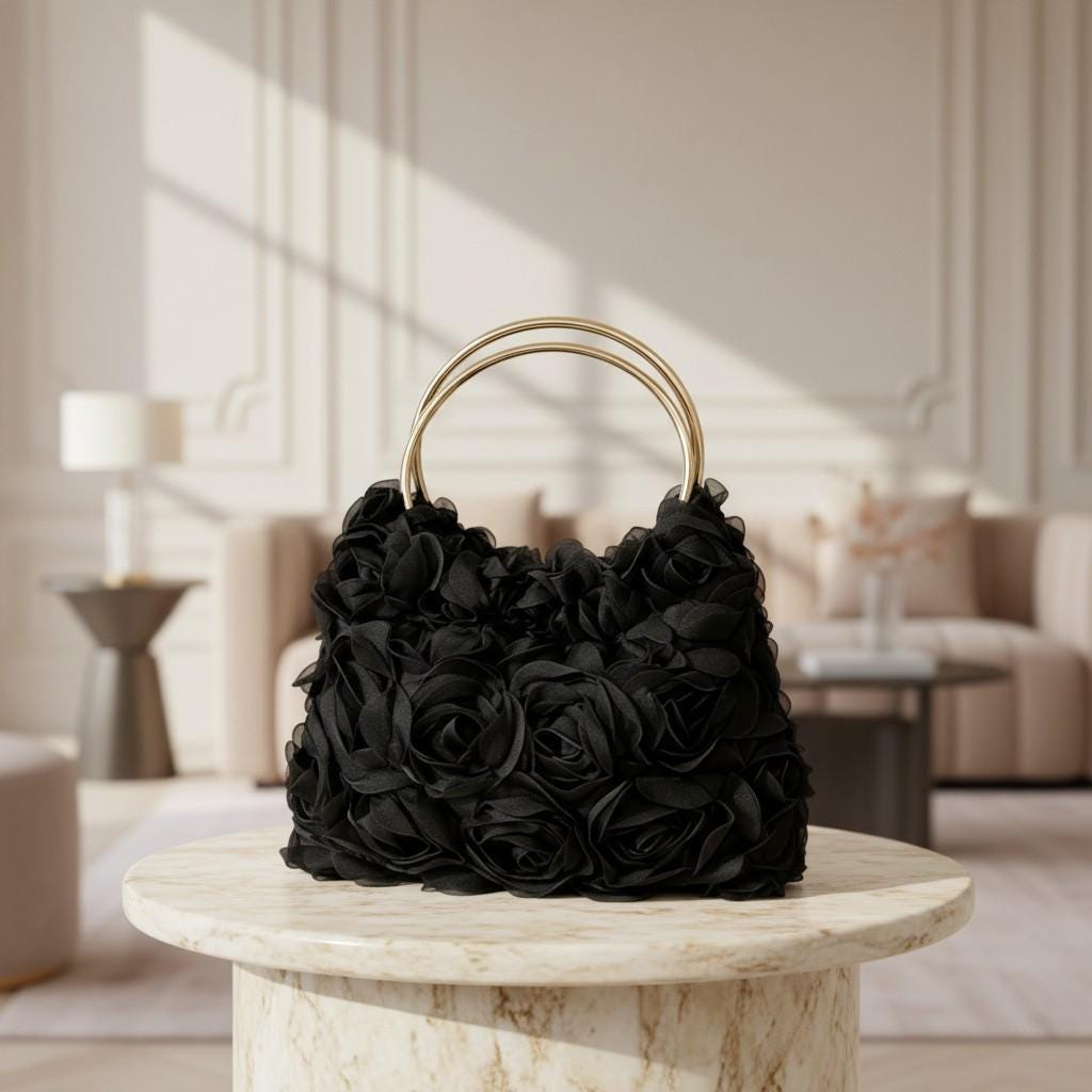 Black Rose Flower Handbag, 3D Floral Shoulder Bag, Black Flower Purse, Elegant Evening Bag, Gold Ring Handle Purse