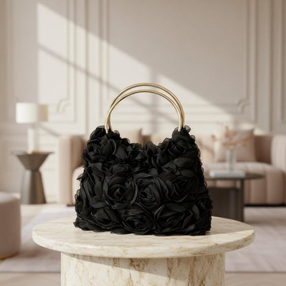 Black Rose Flower Handbag, 3D Floral Shoulder Bag, Black Flower Purse, Elegant Evening Bag, Gold Ring Handle Purse
