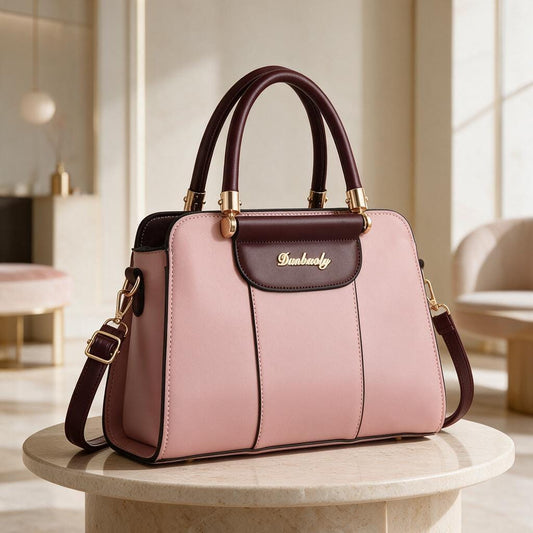 Pink Satchel Bag, Two Tone Structured Handbag, Burgundy Trim Purse, Top Handle Shoulder Bag, Pink Crossbody Bag for Women