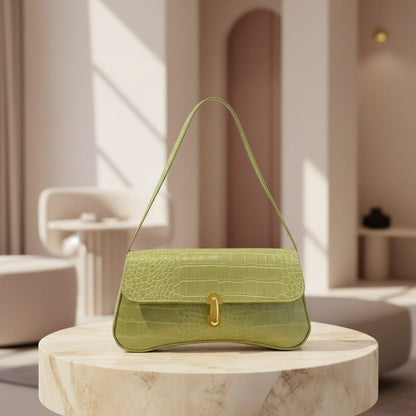 Lime Green Croc Shoulder Bag, Embossed Flap Handbag, Green Baguette Purse, Gold Clasp Y2K Bag, Trendy Underarm Purse