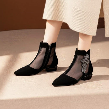 Black Mesh Ankle Booties for Women, Pointed Toe Low Heel Shoes, Embellished Dress Boots