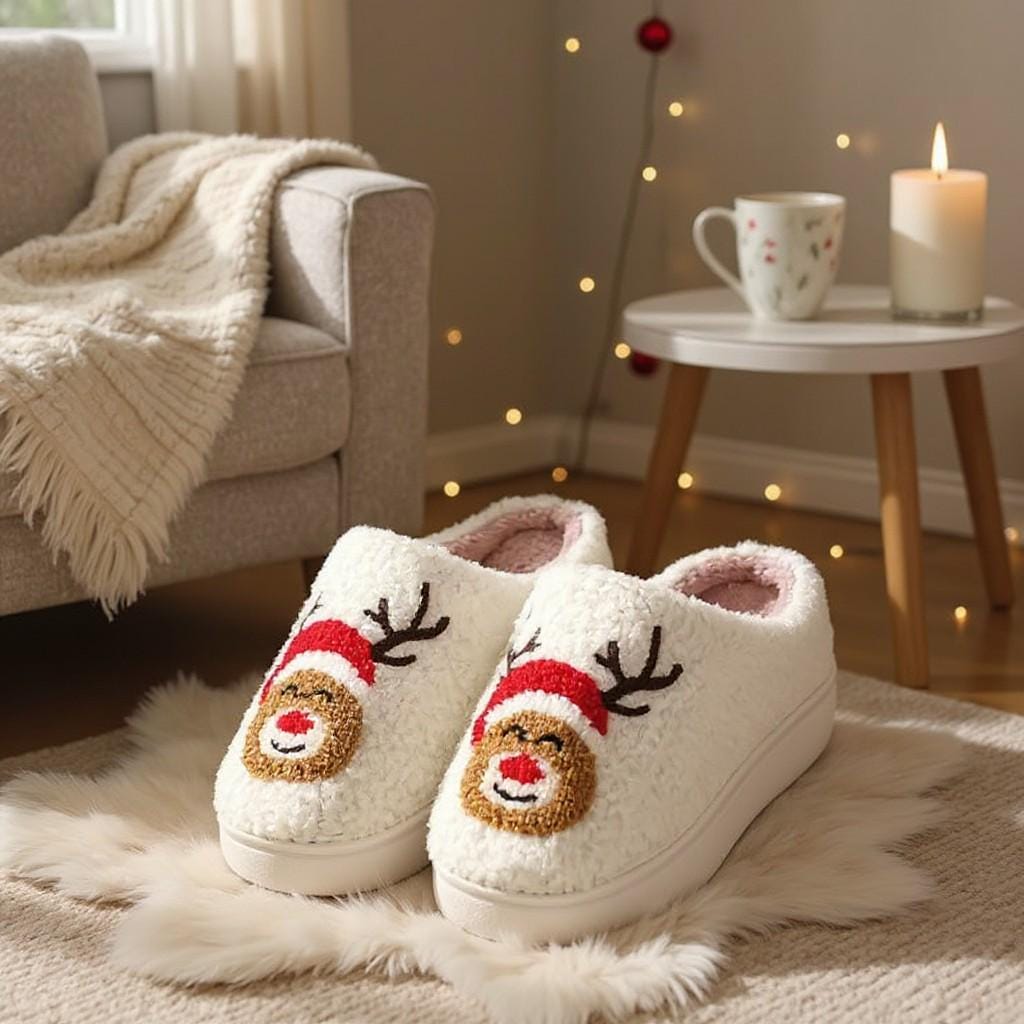 Reindeer Christmas Slippers, Fuzzy Plush House Shoes, Cozy Holiday Slippers