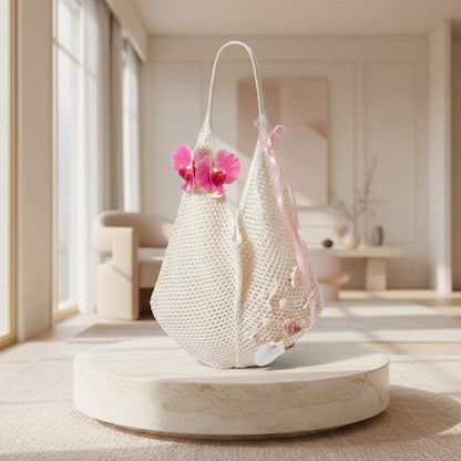 Crochet Beach Bag, Seashell Tote Bag, Coastal Summer Purse, Floral Mesh Shoulder Bag, Boho Vacation Bag, Shell Decor Bag