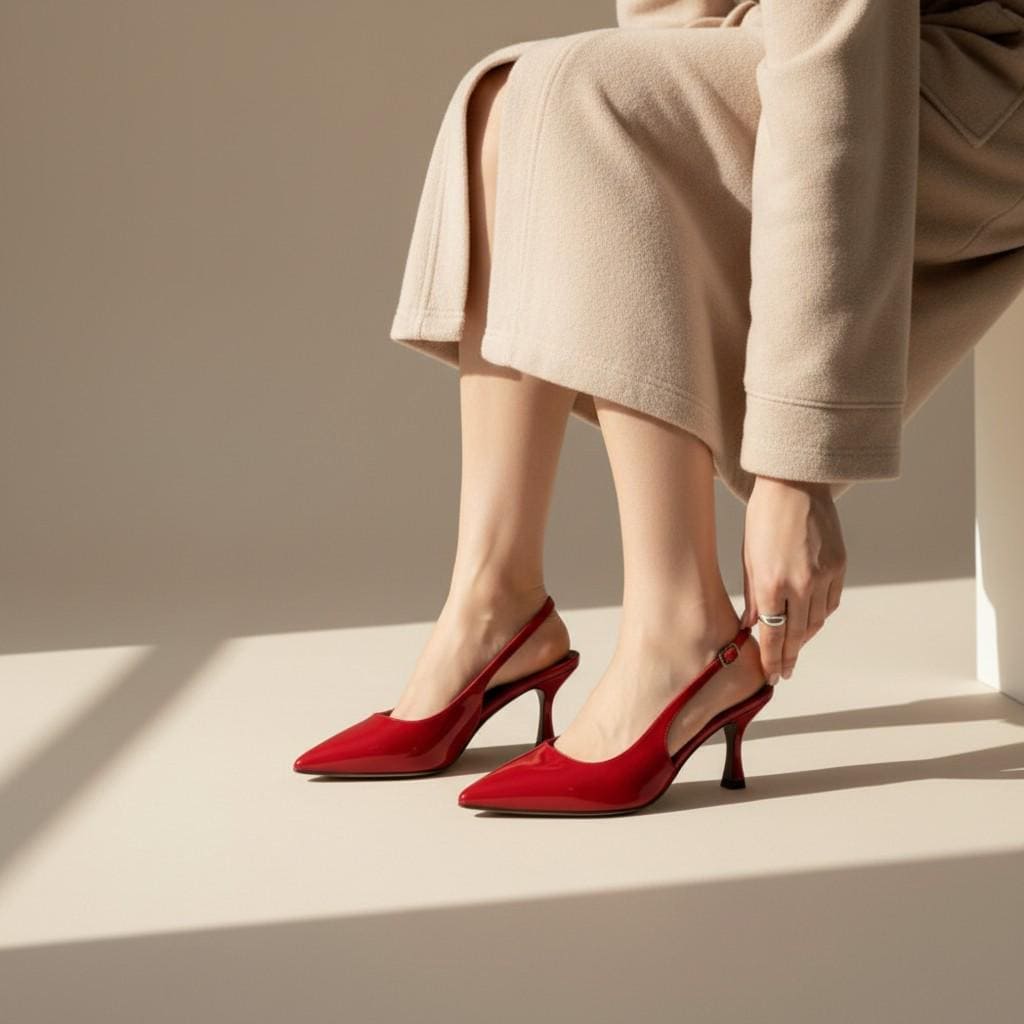 Red Slingback Heels for Women, Pointed Toe Stiletto Pumps, Glossy High Heel Dress Shoes