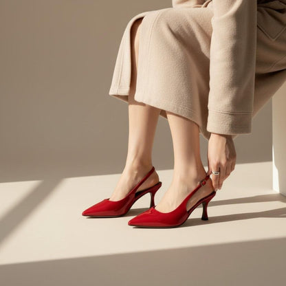 Red Slingback Heels for Women, Pointed Toe Stiletto Pumps, Glossy High Heel Dress Shoes
