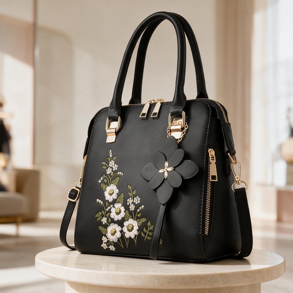 Black Floral Handbag, Embroidered Flower Purse, Women's Shoulder Bag, 3D Flower Crossbody Bag, Elegant Purse