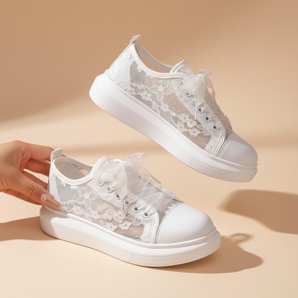 Lace Bridal Sneakers, White Wedding Shoes for Bride, Romantic Wedding Sneakers, Lace Up Platform Shoes, Bridal Reception Shoes