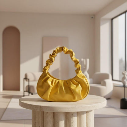 Yellow Ruched Shoulder Bag, Women's Hobo Purse, Satin Baguette Bag, Gathered Handbag, Cute Yellow Everyday Purse