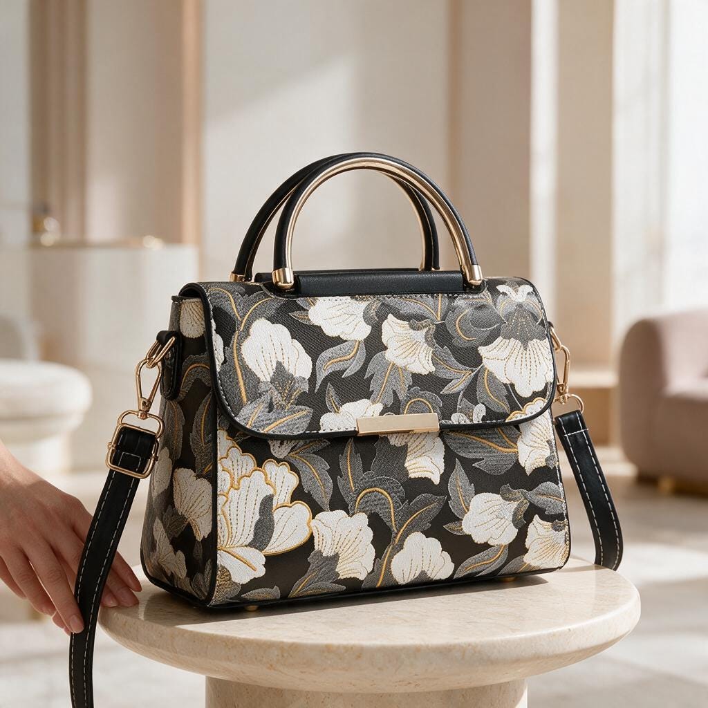 Black Floral Handbag, Structured Satchel Purse, White Flower Shoulder Bag, Top Handle Crossbody Bag, Elegant Women's Bag