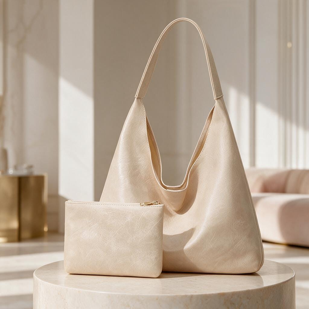 Cream Hobo Bag Set, Beige Shoulder Bag with Matching Pouch, Minimalist Women's Handbag, Neutral Everyday Purse, Soft Slouchy Tote