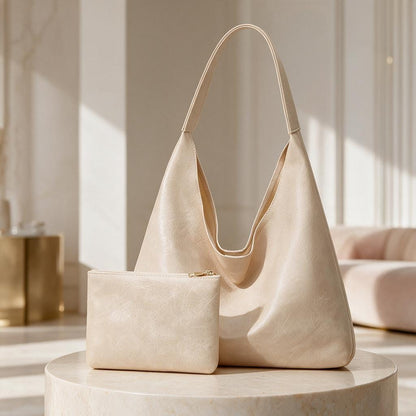 Cream Hobo Bag Set, Beige Shoulder Bag with Matching Pouch, Minimalist Women's Handbag, Neutral Everyday Purse, Soft Slouchy Tote