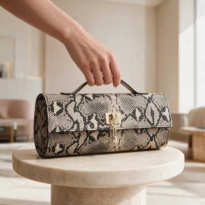 Snake Print Clutch Bag, Snakeskin Inspired Evening Purse, Beige Statement Handbag, Structured Top Handle Bag, Animal Print Clutch