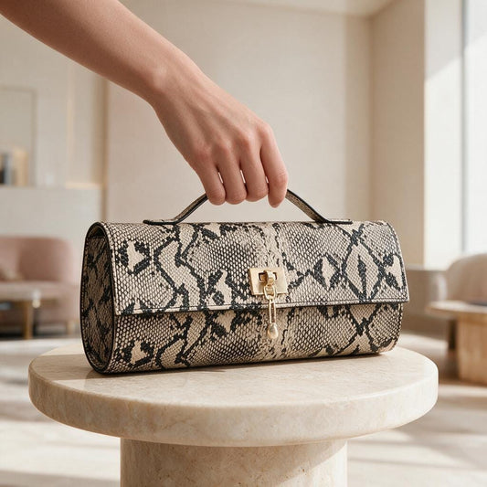 Snake Print Clutch Bag, Snakeskin Inspired Evening Purse, Beige Statement Handbag, Structured Top Handle Bag, Animal Print Clutch