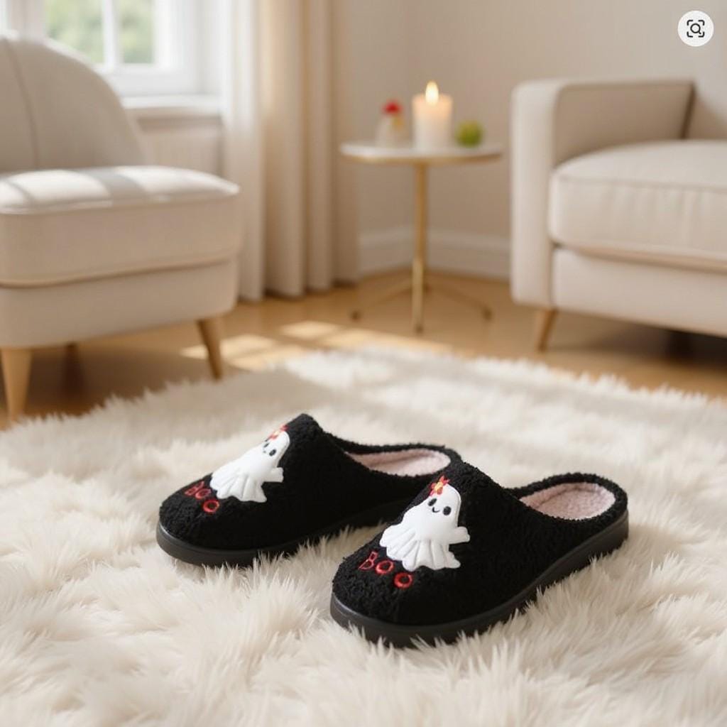 Halloween Ghost Slippers, Black Fuzzy House Shoes, Spooky Cozy Slippers