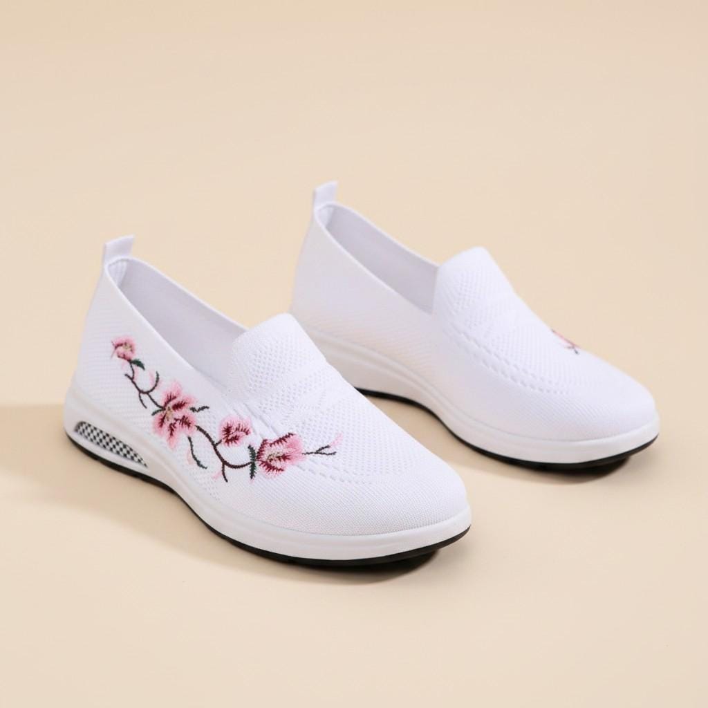 Embroidered Floral Slip On Shoes, Women's Flower Sneakers, White Casual Shoes, Pink Blossom Shoes, Spring Summer Gift