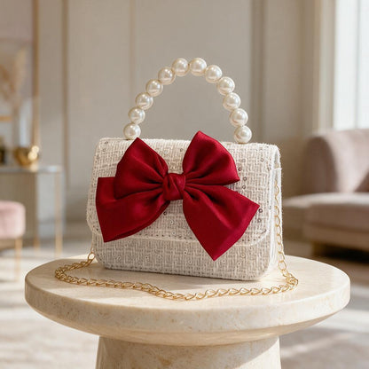 Pearl Handle Clutch, Red Bow Handbag, Ivory Evening Bag, Bridal Purse, Wedding Clutch, Chain Strap Party Bag