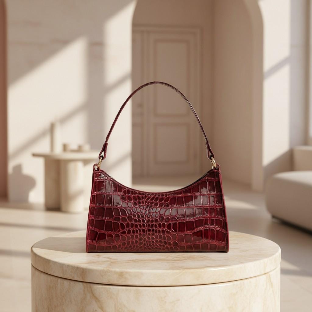 Burgundy Croc Embossed Shoulder Bag, Wine Red Baguette Purse, Y2K Handbag, Textured Crossbody Bag, Women's Trendy Bag